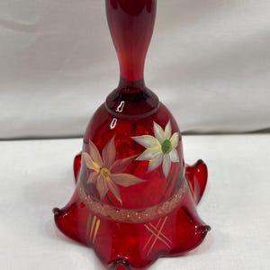 Fenton Red Glass Bell with Hand Painted Poinsettias Signed by the Artist