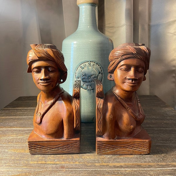 Hand Carved Wood Tribal Figural Male and Female Bookends- Pair