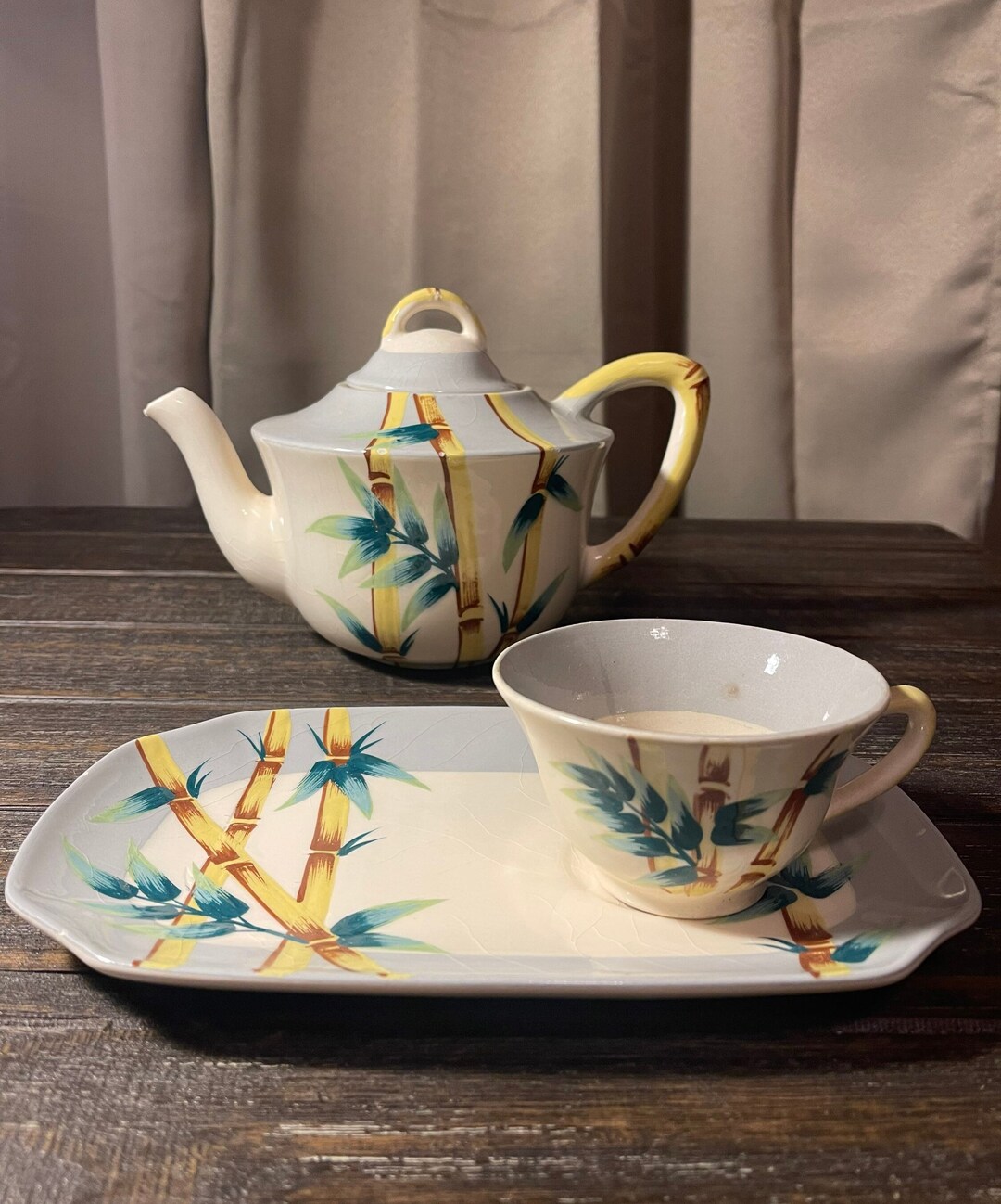 Weil Ware Malay Bambu Gray Teapot/teacup/ Snack Plate/vintage