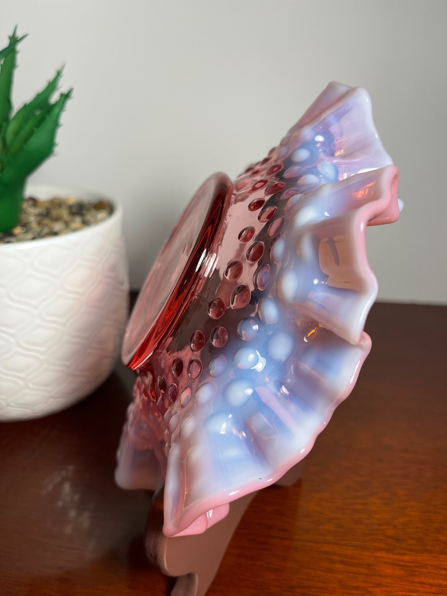 Vintage Fenton Cranberry/pink Hobnail Opalescent Ruffled