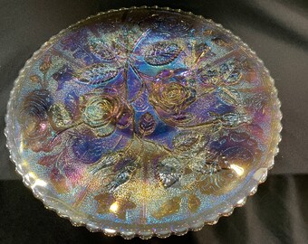 Imperial Open Rose Carnival Glass Electric Blue Plate