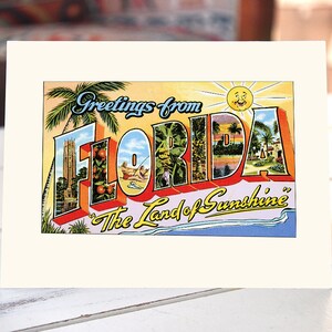 May include: A vintage postcard with a colorful illustration of the word "Florida" with images of palm trees, beaches, and a smiling sun. The text "Greetings from" and "The Land of Sunshine" are also included.