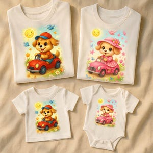 Passende Familienauto-T-Shirts mit fahrenden Welpen - süße Hunde-T-Shirts für Mama-Vater-Baby und Kinder - Frühlingsfahrt Geburtstags-Outfit-Idee