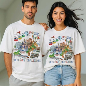 Colorful 4 Parks in 1 Day Challenge Unisex OVERSIZED T-Shirt – Ultimate Disney World Tee for Couples, Crews & Park-Hopping Fun