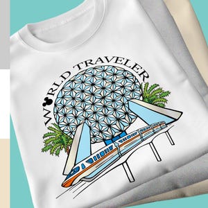 Epcot World Traveller T-Shirt, Disney Einschienenbahn und Raumschiff Erde Design, perfekt für Disney Park Liebhaber und Reisebegeisterte