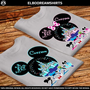 Magic castle in Mickey and Minnie head wth personalized Name in the ear Custom disney tee Matching shirts for group disney family trip 2024