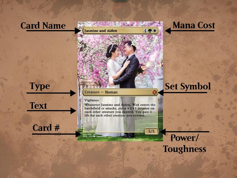 May include: A Magic: The Gathering card featuring a couple in wedding attire standing in front of a cherry blossom tree. The card is titled "Jasmine and Aiden" and has a mana cost of 4 white and 1 green. The card text reads "Vigilance. Whenever Jasmine and Aiden, Wed enters the battlefield or attacks, put a +1/+1 counter on each other creature you control. You gain 1 life for each other creature you control." The card has a power and toughness of 5/5.