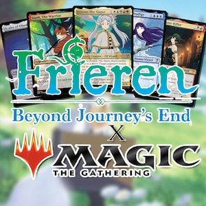 May include: An image promoting a Magic: The Gathering card set. It showcases several cards with anime-style artwork, fanned out to display the card art. The word "Frieren" is a central design element. The text "Beyond Journey's End" and "Magic: The Gathering" are also present.