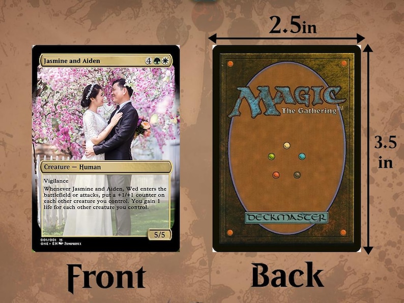 May include: A Magic: The Gathering card featuring a wedding couple in front of a pink flowering tree. The card is titled "Jasmine and Aiden, Wed" and has a 4 mana cost. The card text reads: "Vigilance. Whenever Jasmine and Aiden, Wed enters the battlefield or attacks, put a +1/+1 counter on each other creature you control. You gain 1 life for each other creature you control."