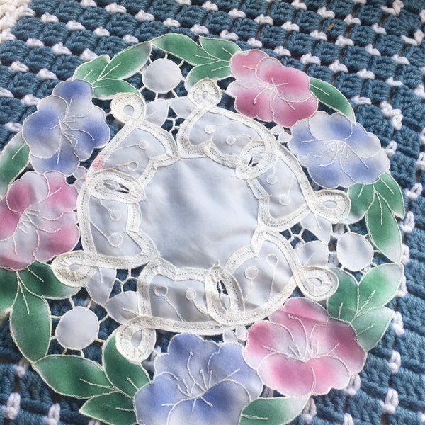 Set of Two Handmade Round Cotton Appliqué Floral Table Top Doily Cottagecore Country Farmhouse