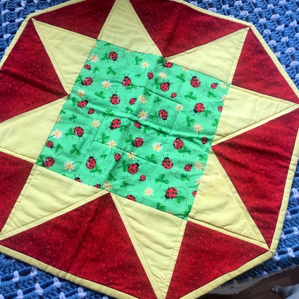 Large Handmade Reversible Lady Bug Table Top Quilt Cottagecore Country Farmhouse