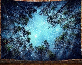 Starry Night Tapestry Forest Sky Tapestry Large Stars, Galaxy, Trees, Night Sky Tapestry