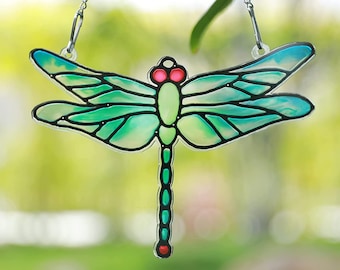 Charming Green Stained Glass Metal Dragonfly Adorable Cling Wall Hanging Pendant Suncatcher Ornament Art Home Decor, Kitchen, Porche, Bar