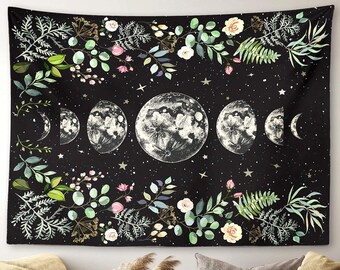 79x59 inches,Beautiful Moonlit ENJOHOS Moonlit Garden Tapestry Moon Phase Surrounded by Vines and Flowers Black Background Wall Art Hanging for Girls Bedroom Living Room Dorm Decor