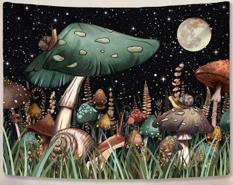 Trippy Mushroom Tapestry  Moon and Stars Tapestry Snail Tapestry  Fantasy Plants and Leaves Tapestry Wall Hanging for Room