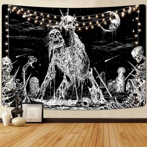 Black and White Skull Gothic Tapestry Moon Phase And Stars Tapestries Mushroom Wall Hanging For Living Room Bedroom