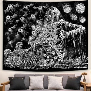 Black and White Skull Gothic Tapestry Moon Phase And Stars Tapestries Mushroom Wall Hanging For Living Room Bedroom