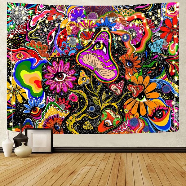 Trippy Mushroom Tapestry Psychedelic Tapestry Flowers and Planets Wall Hanging Plants Tapestry