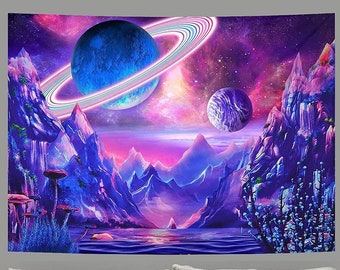 Planet Tapestry Trippy Mountain Tapestry Psychedelic Trees Mushroom Tapestry Magic Space Tapestry Fantasy Sea Landscape Tapestry