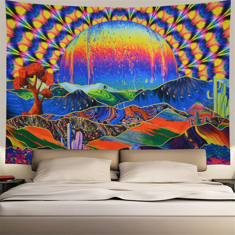 Trippy Wall Tapestry Mountain Mushroom Tapestry Psychedelic Etsy