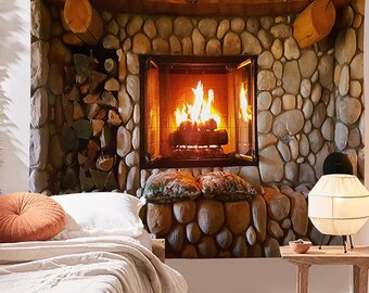 Fireplace Tapestry, Fireplace Wall Art, Log Fire, Fireplace Wall