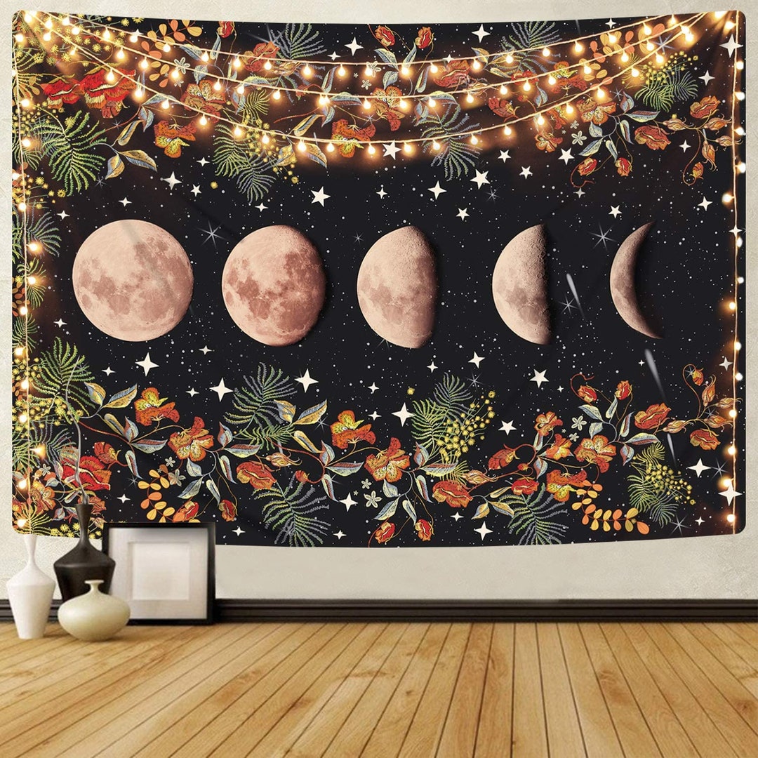 Moonlit Garden Tapestry Moon Phases Wall Hanging Universe Galaxy Starry ...