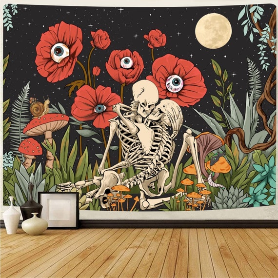 Skull Flowers Tapestry, Floral Skeleton Wall Hanging Moon Garden