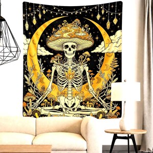 May include: A black tapestry featuring a skeleton with a mushroom hat, seated in a meditative pose against a golden crescent moon. The design includes mushrooms, crystals, and a starry night sky, creating a psychedelic theme.