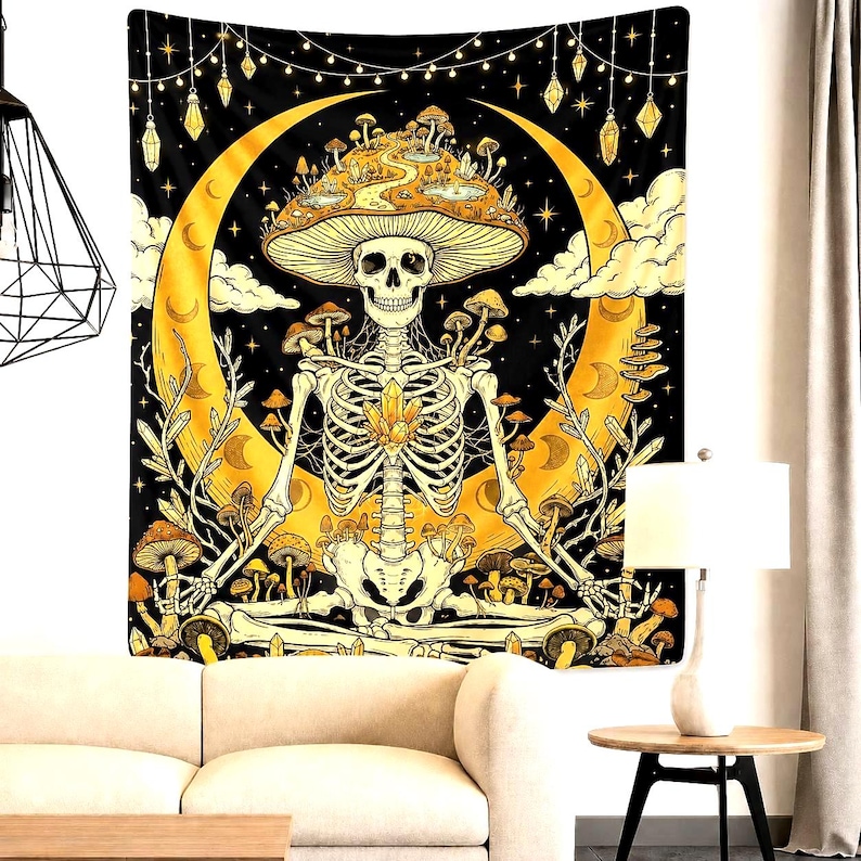 May include: A black tapestry featuring a skeleton with a mushroom hat, seated in a meditative pose against a golden crescent moon. The design includes mushrooms, crystals, and a starry night sky, creating a psychedelic theme.