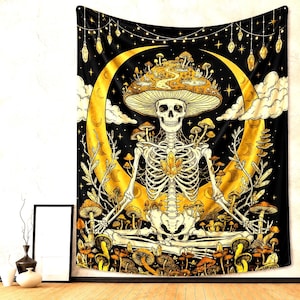 May include: Black tapestry featuring a skeleton meditating within a golden crescent moon, adorned with mushrooms and crystals. The design includes a mushroom-shaped hat and a starry night sky background. Decorative hanging lights add to the mystical theme.