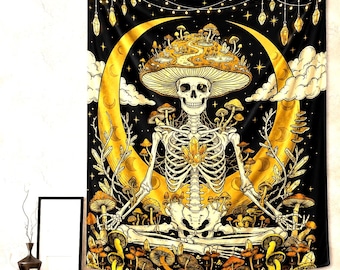 Trippy Mushroom Tapestry Hippie Skull Tapestry , Skeleton Wall Hanging Moon Phase Fantasy Plants Wall Tapestry for Bedroom Aesthetic Art