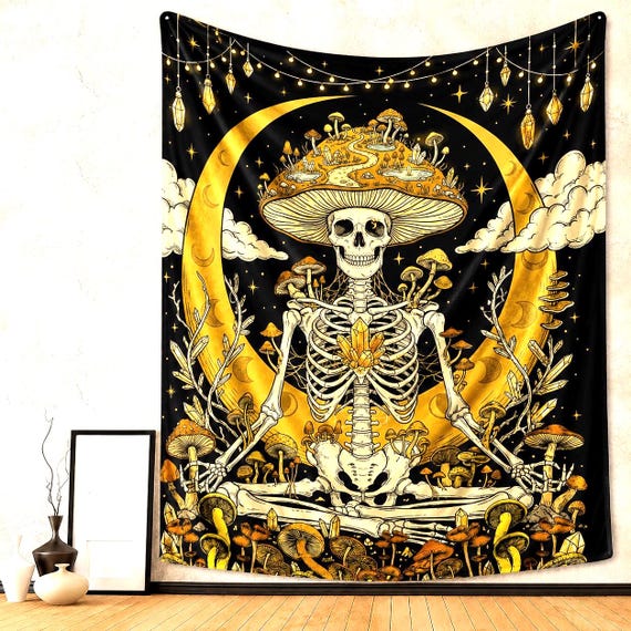 Trippy Mushroom Tapestry Hippie Skull Tapestry , Skeleton Wall Hanging Moon Phase Fantasy Plants Wall Tapestry for Bedroom Aesthetic Art