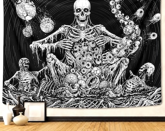 May include: Black and white tapestry featuring a detailed illustration of a skeleton with a skull, surrounded by floating eyeballs and celestial bodies. The artwork has a gothic, horror theme.