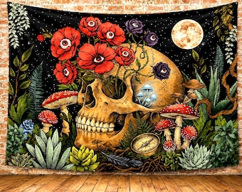 May include: A black tapestry featuring a skull adorned with red eye-like flowers and purple roses. The design includes mushrooms, a compass, and a full moon against a starry night sky. Green foliage and plants frame the central image.