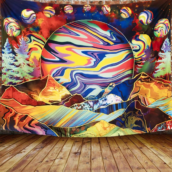 Moon Planet Mountains Trippy Tapestry Psychedelic Art Wall Hanging Home Decor for Dorm Living Room Bedroom Etsy