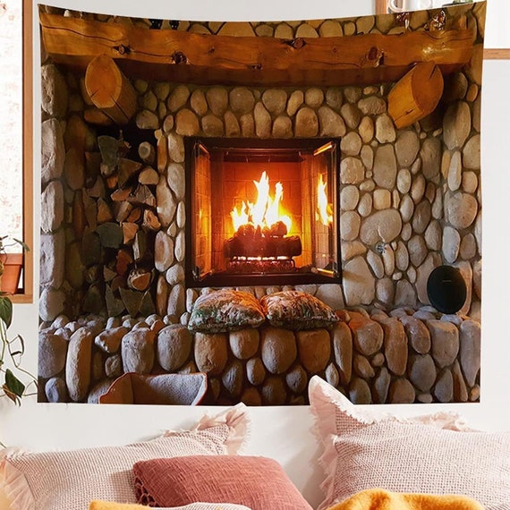 Fireplace Tapestry, Fireplace Wall Art, Log Fire, Fireplace Wall Hanging, Fireplace Wall D\u00e9cor, Campfire Tapestry, Fire Place Art