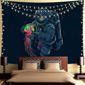 Trippy Space Wall Galaxy Tapestry, Universe Stars Psychedelic Bohemian Hippie Wall Hanging Fantasy Astronaut Holds Jellyfish, Home Decor