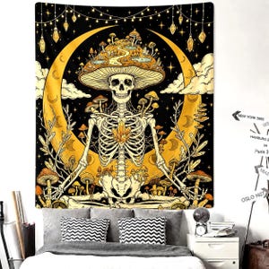 May include: A black tapestry featuring a skeleton with a mushroom cap, seated in front of a golden crescent moon. The design includes mushrooms, crystals, and celestial elements, creating a mystical and psychedelic theme.