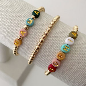 Pulseras de cuentas con letras de colores / Pulseras de cuentas de oro de 14k / Pulseras con nombre / Pulseras con nombre y cuentas / Pulseras con iniciales / Pulseras personalizadas