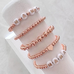 Pulseras de cuentas de oro rosa / pulseras apilables / pulseras apilables / pulseras con nombre y cuentas / pulseras personalizadas / pulseras con palabras