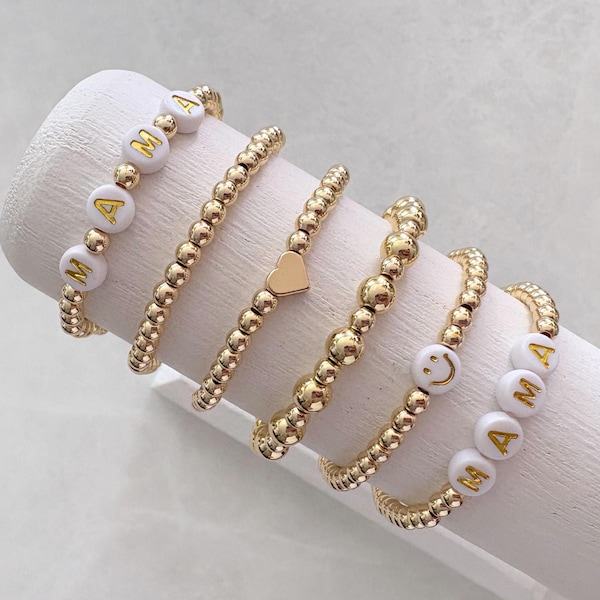 Braccialetti con perline in oro 14 carati / braccialetti impilabili / braccialetti con nome personalizzato / braccialetti con ciondoli / braccialetti personalizzati / gioielli fatti a mano