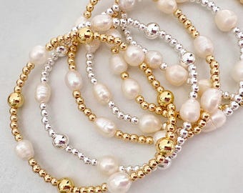 the fresh water pearl collection | pearl beaded bracelet | 14k gold plated bracelet | sterling silver plated bracelet | pearl bracelet