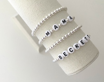 das Namensarmband | versilbertes Armband | Perlenarmbänder silber | Stapel Armbänder | Namensarmbänder | Namensarmbänder aus Perlen