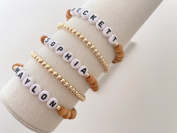 Boys Name Bracelet - Wood Beads - White/Gold Name Letters - Stretchy  Bracelet with Gold Spacers