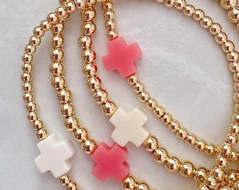 Colección de cruces rosas y blancas / Pulsera con cuentas cruzadas / Pulsera de fe / Pulsera religiosa / Pulsera chapada en oro de 14 quilates / Joyería cruzada