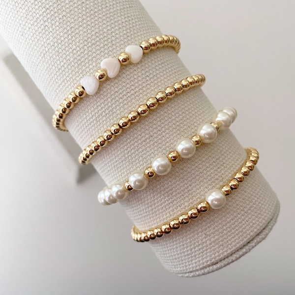 Pearl Stacking Collection | Pearl Beaded Bracelets | 14k Gold Bracelets | Heart Bracelets | Stacking Bracelets