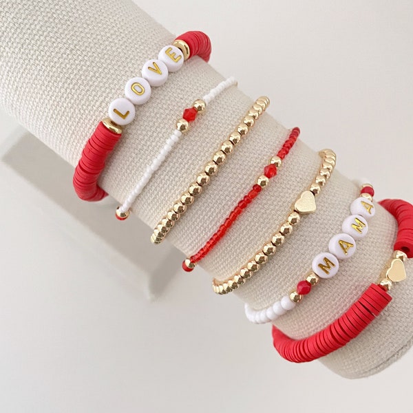 valentines day beaded bracelet | name bracelet | heishi bracelet | heart bracelet | gold bead bracelet | kids bracelet | custom jewelry