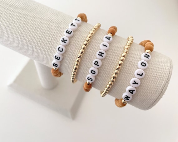 Boys Name Bracelet - Wood Beads - White/Gold Name Letters - Stretchy  Bracelet with Gold Spacers
