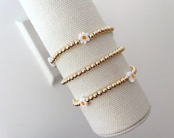 Margherita / Braccialetto di fiori di perline / Braccialetti di fascino / Bracciale di perline d'oro 14k / Bracciale impilabile / Bracciale Daisy / Perline di vetro Daisy