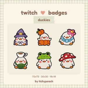 May include: A set of six digital duck illustrations labelled twitch badges duckies by itchypeach. The ducks are depicted wearing various accessories including a purple witch hat, a pumpkin costume, a flower, a coffee cup, a frog hat, and a mushroom cap.